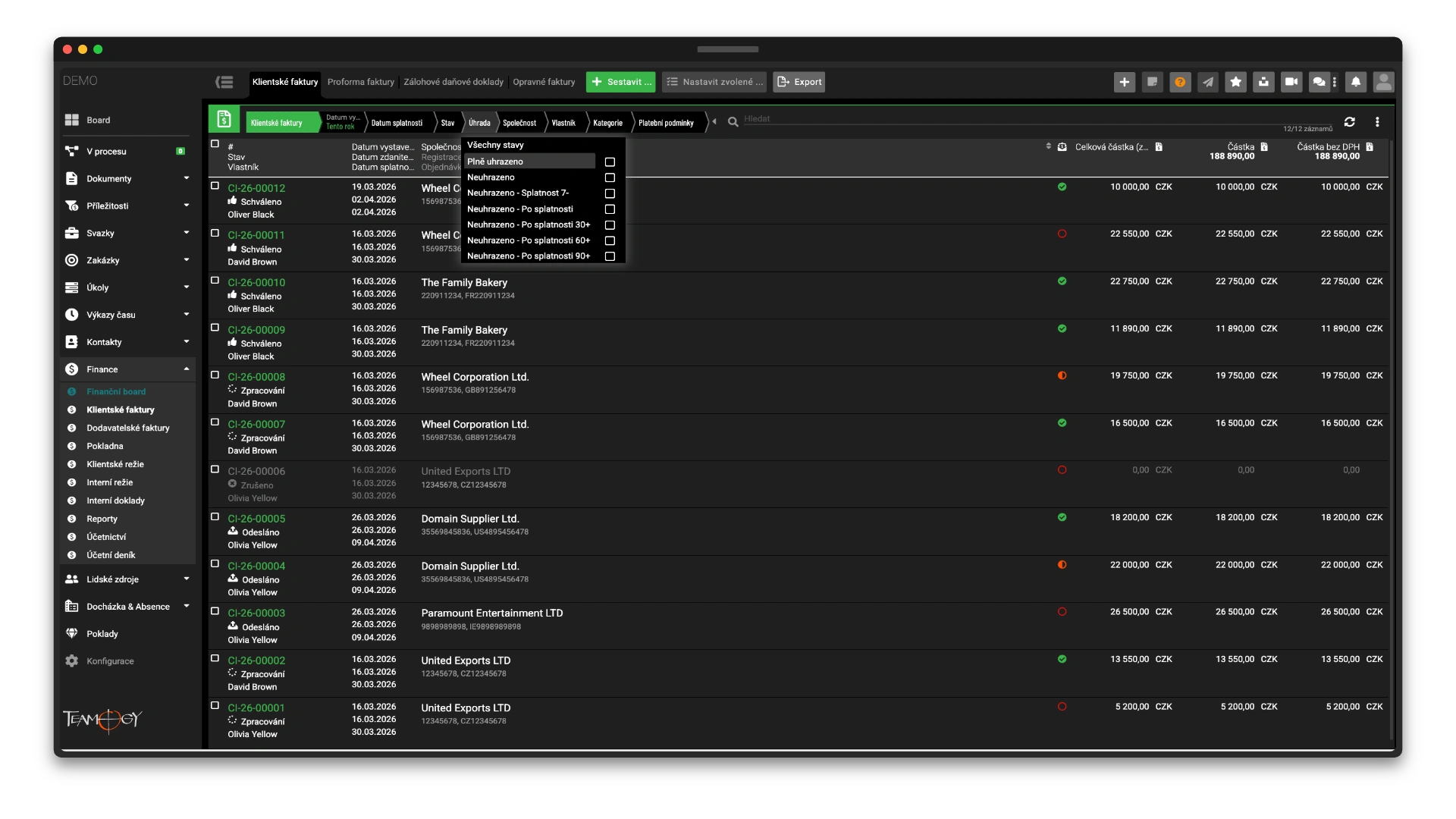 Invoicing overview with payment status filter in Teamogy