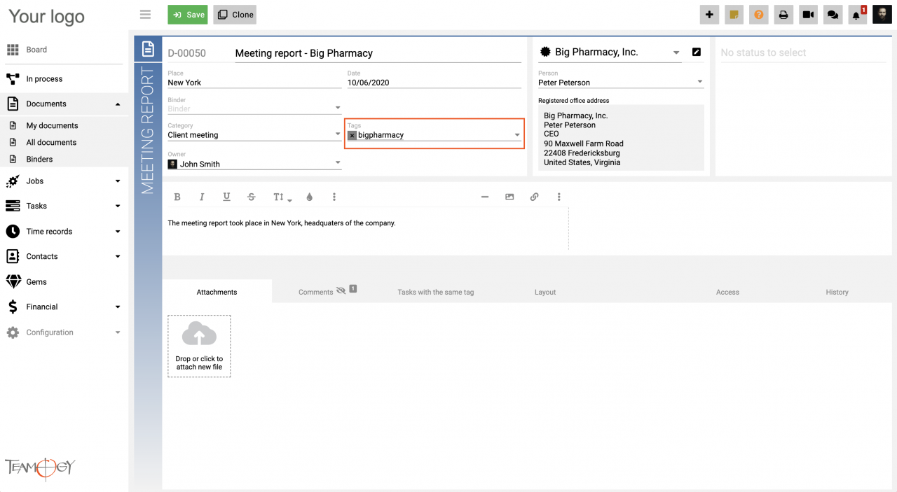 Meeting report with Tasks - Teamogy