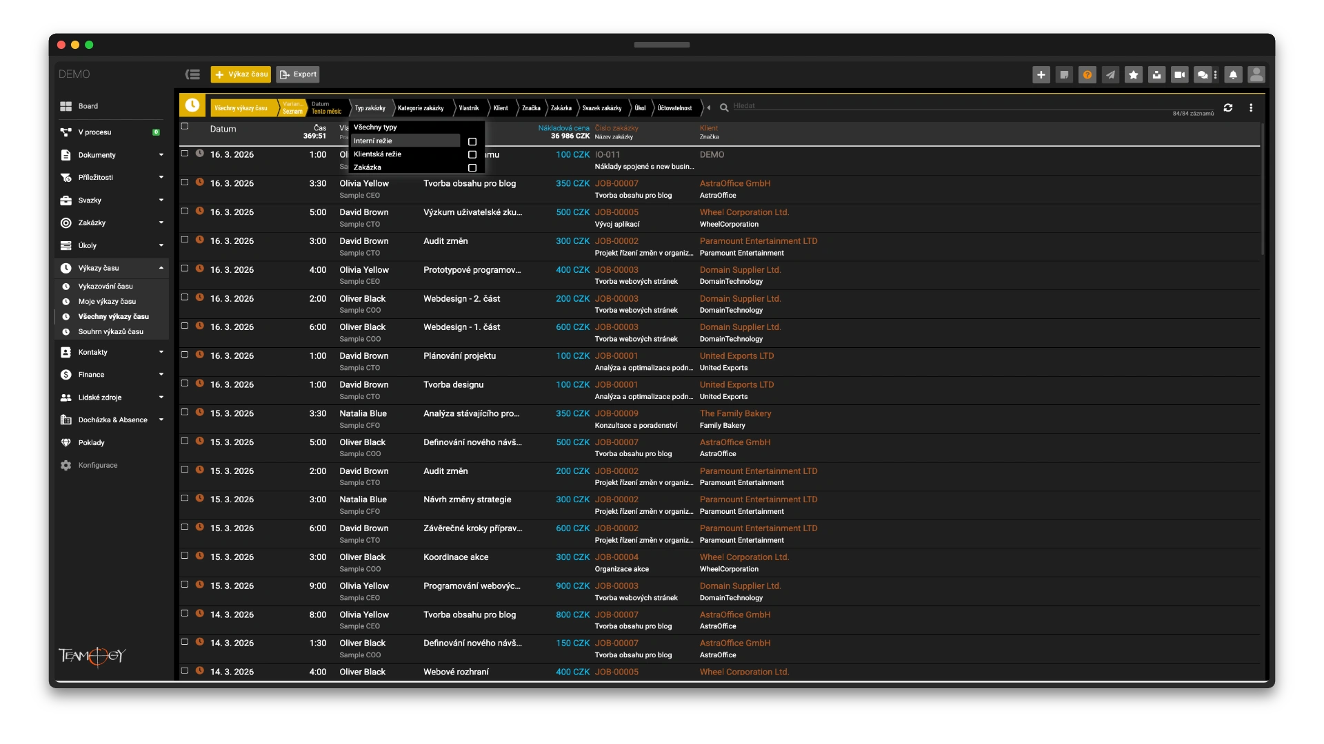Time reports showing billable vs. internal time in Teamogy